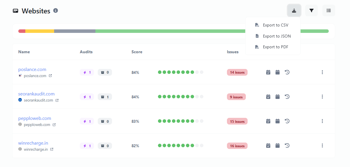 Screenshot of the app CSV, PDF, CSV exporting features