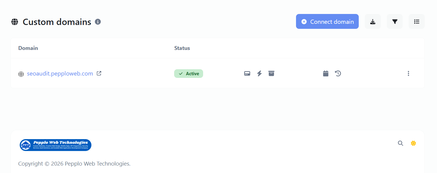 Screenshot of the app custom domains feature for audits